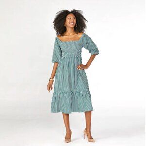 Maxwell & Geraldine Charlotte Smocked Cotton Striped Midi Dress Forest Green